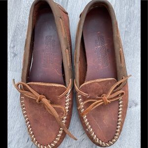 Minnetonka Tan Leather Moccasins with Stitching
